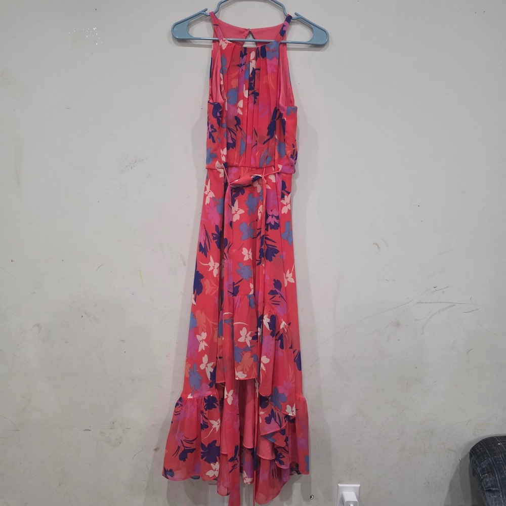 Floral High Neck High-Low Maxi Dress Pink Purple Sleeveless Halter Keyhole Back - Picture 2 of 10